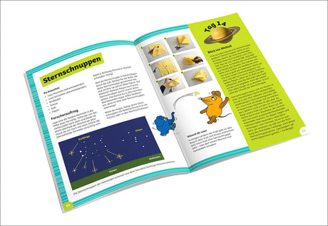 Offene Zeitschrift mit Text, Bildern und Illustrationen zu Sternschnuppen und Tag 14.