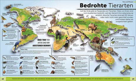 Karte mit bedrohten Tierarten weltweit, inklusive Bilder und Beschreibungen.