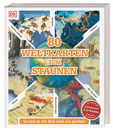 Buchcover mit Weltkarten zu Tieren, Erdkrusten, Wüsten, alten Bauwerken, Meeresströmungen und Erdbeben