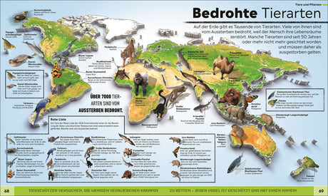 Weltkarte mit Bildern und Beschreibungen bedrohte Tierarten auf verschiedenen Kontinenten.