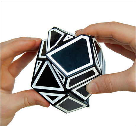 Zwei Hände halten einen schwarzen und weißen Zauberwürfel mit geometrischen Mustern.