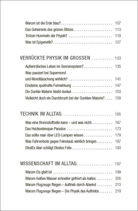 Seitenübersicht mit Kapiteln und Untertiteln zu Physik, Technik und Alltag, inklusive Seitenzahlen.