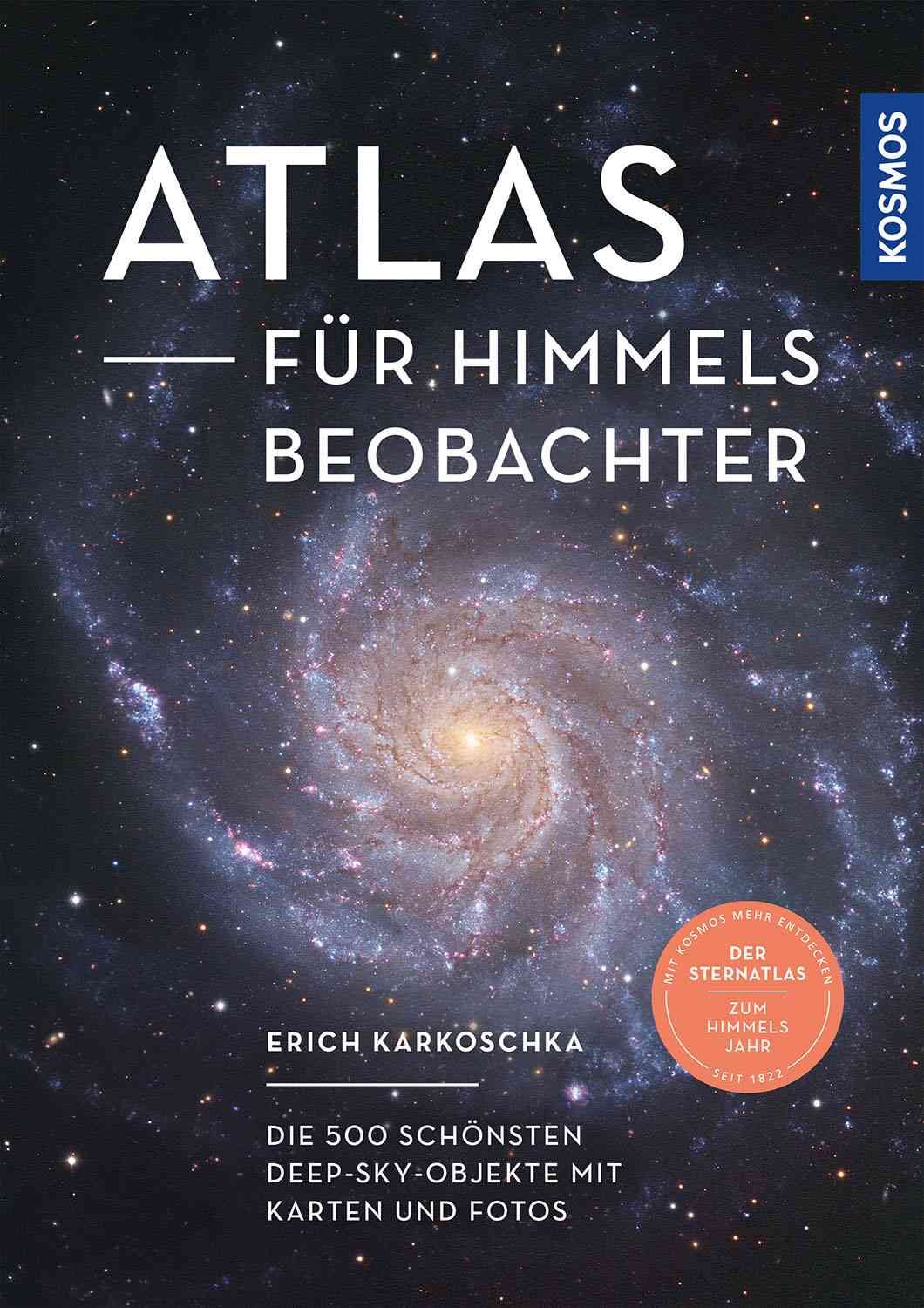 Buchcover mit einem Bild einer Spiralgalaxie im All, Titel "Atlas für Himmelsbeobachter", Autor Erich Karkoschka.
