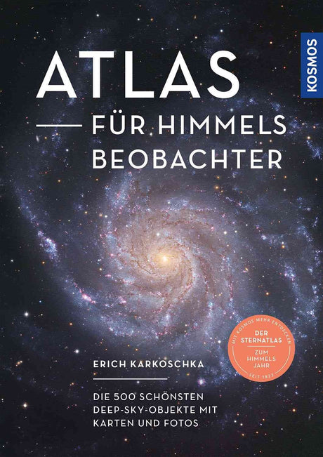 Buchcover mit einem Bild einer Spiralgalaxie im All, Titel "Atlas für Himmelsbeobachter", Autor Erich Karkoschka.