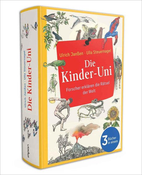 Buch mit bunten Illustrationen von Tieren, Menschen und Natur auf dem Cover, Titel "Die Kinder-Uni" in rotem Feld.