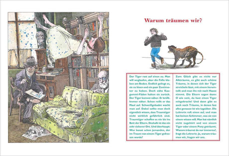 Illustration eines Raumes mit Büchern, einem grünen Sofa, zwei Männern, einem Mädchen, einem Hund und einem Fenster.