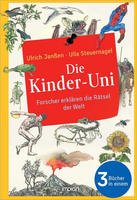 Buchcover mit Illustrationen von Tieren, Dinosauriern, Menschen, einem Vulkan und Spider-Man, mit rotem Titelbereich.
