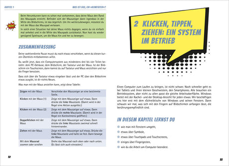 Seitenlayout mit Text, Überschriften, Tabelle und Sprechblase mit Titel "Klicken, tippen, ziehen: ein System im Betrieb".