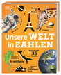 Buchcover mit Welt- und Tierbildern, Titel "Unsere Welt in Zahlen", Fakten zu Giraffen, Schnecken, Buckelwalen