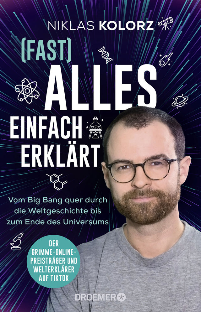 Buchcover mit Titel "Fast Alles Einfach Erklärt" und einem Mann mit Brille vor einem Weltraum-Hintergrund