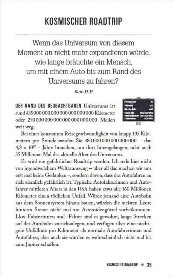 Seitenüberschrift "Kosmischer Roadtrip" und Text über das Universum, Entfernung, Geschwindigkeit und Auto-Unfälle.