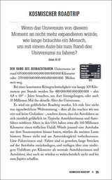 Seitenüberschrift "Kosmischer Roadtrip" und Text über das Universum, Entfernung, Geschwindigkeit und Auto-Unfälle.