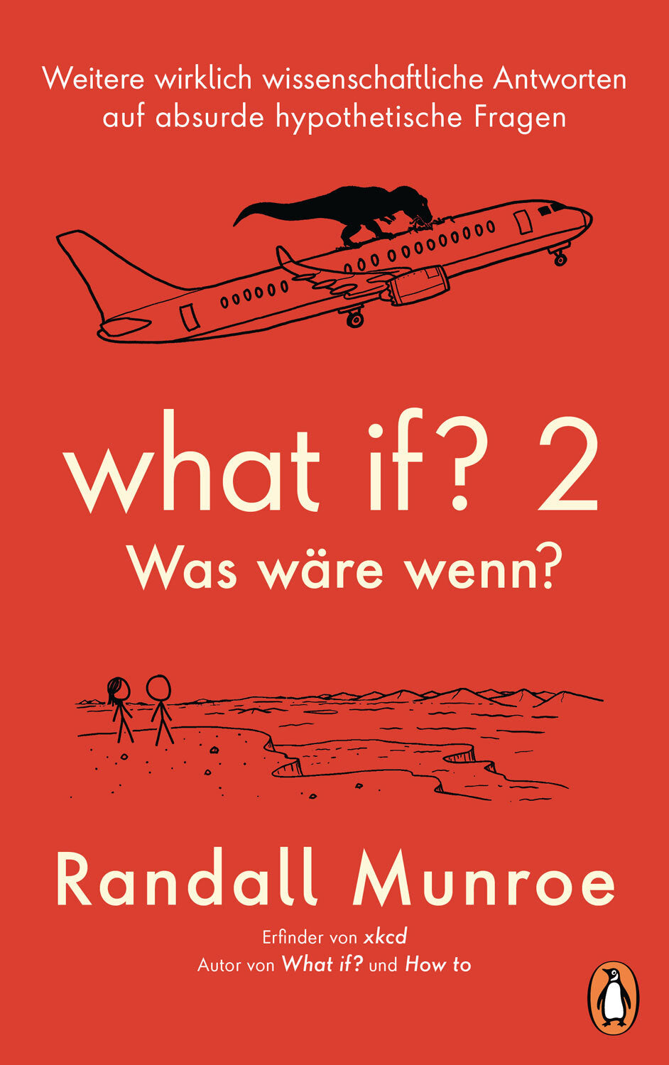 Buchcover mit rotem Hintergrund, Illustration eines Flugzeugs mit einem Dinosaurier auf dem Flügel, zwei Personen am Meer