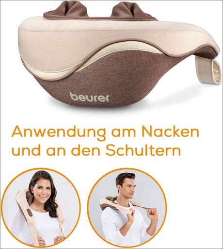 Beurer Nacken- und Schultermassagegerät in Braun und Beige, mit Anwendung an Nacken und Schultern.