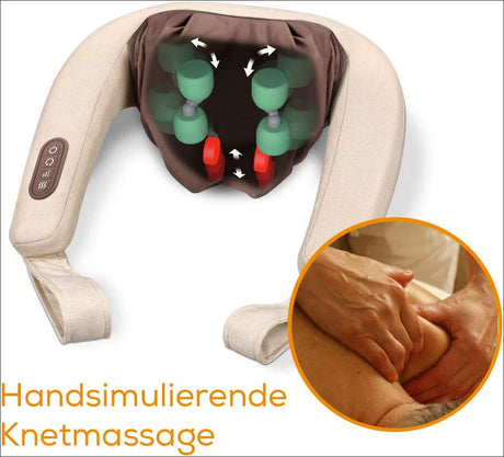 Massagegerät mit rotierenden Köpfen und Handmassage, Text: "Handsimulierende Knetmassage".