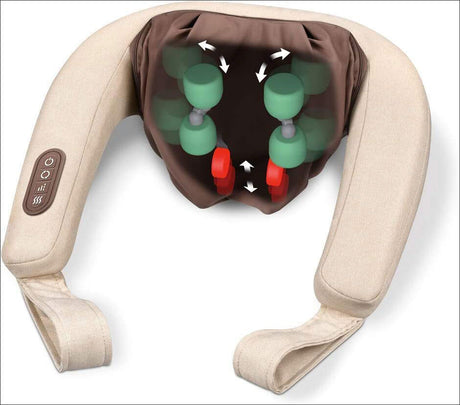 Massagegerät mit verstellbaren Massageköpfen und Bedienelementen an einem beige Gurt.