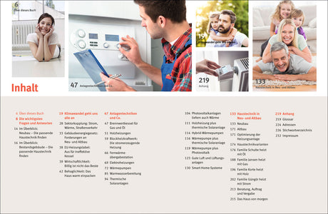 Fünf Bilder: Mädchen, Mann bei Heizung, Kind mit Eltern, Familie auf Boden, Hand stellt Thermostat ein.