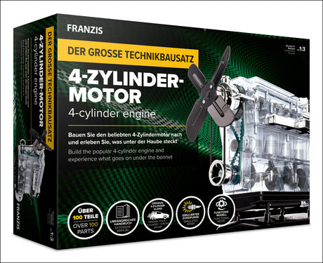 Bausatz für einen 4-Zylinder-Motor, mit transparentem Gehäuse, Propeller und mehreren Teilen auf der Verpackung.