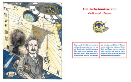 Illustration eines Mannes mit Geige, umgeben von Uhren, Sternen und kosmischen Elementen, mit Text über Raum und Zeit.