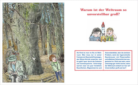 Ein Mann sitzt auf einer Bank unter einem großen Baum, daneben zwei Kinder, eines schaut nach oben, das andere hält sich die Ohren