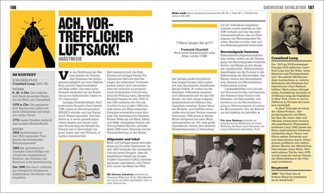 Zwei Seiten eines Artikels über Anästhesie, mit Überschrift, Text, Bild eines Sauerstoffinhalators und einem historischen Foto.