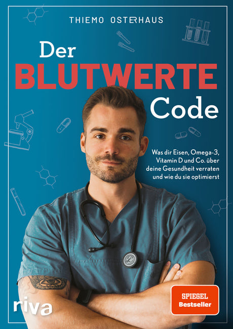 Buchcover mit einem Mann in blauer medizinischer Kleidung, Stethoskop, Arm mit Tattoo, blauer Hintergrund