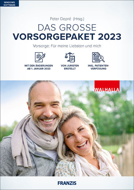 Buchcover mit Titel "Das große Vorsorgepaket 2023" und einem lachenden älteren Paar im Freien.