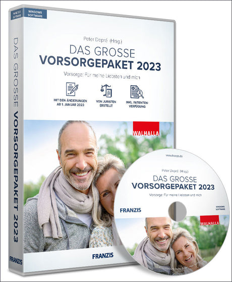 Buch- und CD-Box mit Titel "Das große Vorsorgepaket 2023", Bild von lachendem älteren Paar, Text und Logos auf Verpackung und CD.