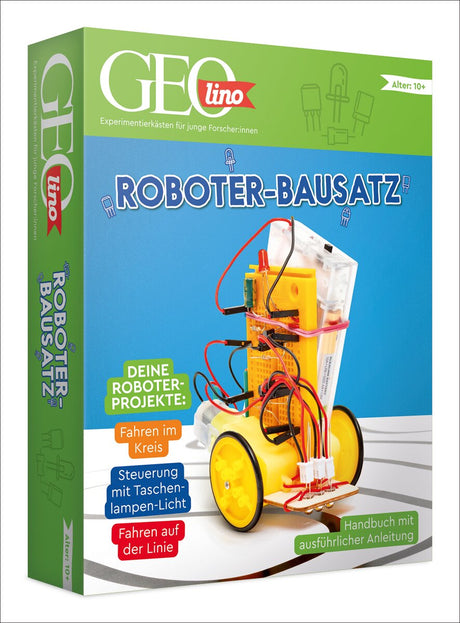 Bauanleitung für einen Roboter mit Rädern, Kabeln, elektronischen Komponenten und einem Handbuch.
