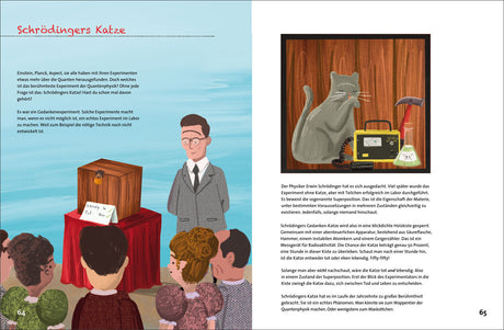 Illustration eines Wissenschaftlers vor Publikum, mit einer Holzkiste, die "Lebendiger Tod" heißt, und einem schwarzen Kästchen.