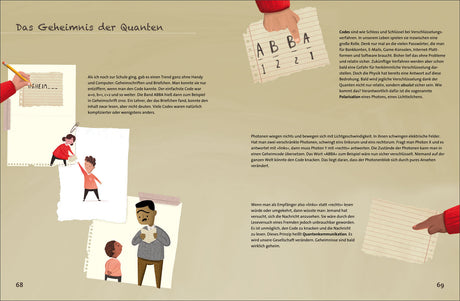 Illustration mit Kindern, Lehrer und Notizzetteln, die das Thema Quantenverschlüsselung und Codes erklären.