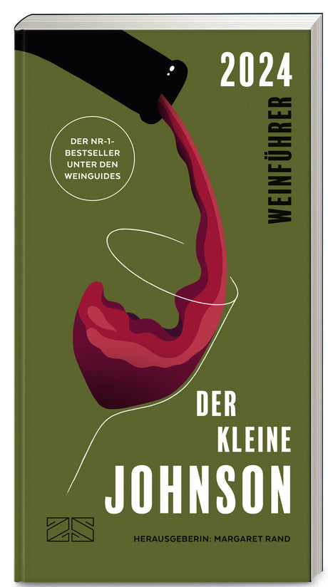 Buchcover mit Weinflasche, aus der Wein fließt, und grünen Hintergrund. Titel: "Der kleine Johnson" für 2024