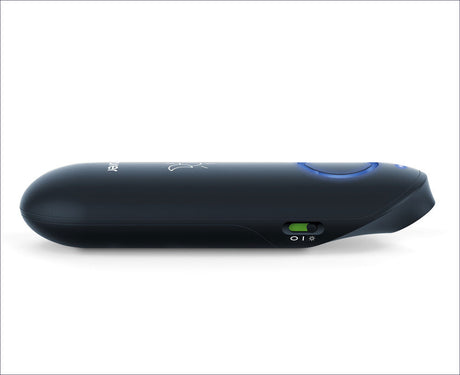 Handscanner mit blauer Taste, grüner Schalter, LED-Leuchte und Symbolen auf weißem Hintergrund.