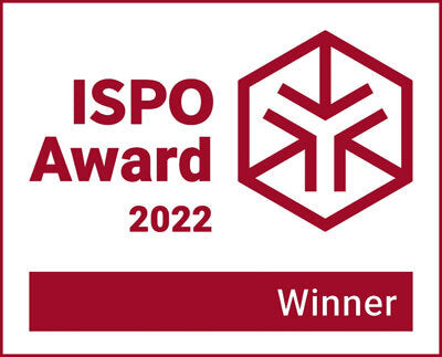 ISPO Award 2022 Winner-Logo mit Text und rotem Hexagon-Symbol.