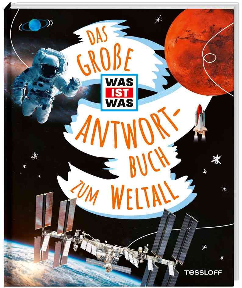 Cover eines Buches mit Raumfahrtmotiven, Astronaut, Planeten, Rakete, Satellit und Schriftzug: