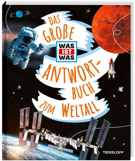 Cover eines Buches mit Raumfahrtmotiven, Astronaut, Planeten, Rakete, Satellit und Schriftzug:
