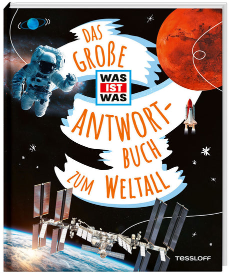 Cover eines Buchs mit Raumfahrtmotiven, Astronaut, Planeten, Rakete, Satelliten und Sternenhimmel.