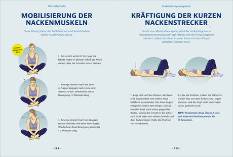 Illustration mit Anleitungen für Übungen zur Mobilisierung der Nackenmuskulatur und Kräftigung der Nackenstrecker.