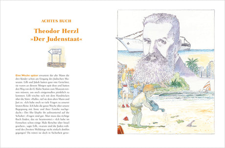 Illustration eines Mannes mit großem Kopf im Hintergrund, Kinder am Strand, Segelboot und Palmen.