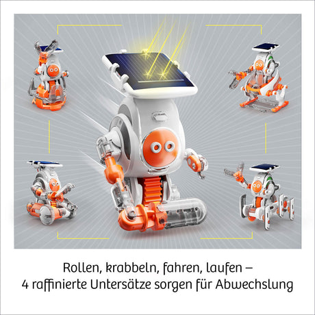 Vier kleine Roboter in verschiedenen Positionen um einen größeren Roboter mit Solarzelle