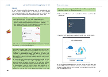 Zwei Buchseiten mit Text und Bildern, erklärt die Nutzung von OneDrive und Cloud-Speichern.