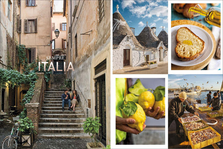 Collage aus italienischen Szenen: Altstadtgasse, Trulli-Häuser, Bruschetta mit Olivenöl, Zitronen, Fischmarkt am Hafen.