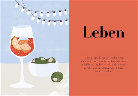 Illustration eines Glases mit Aperitif, Schüssel mit Oliven, Lichterkette im Hintergrund, rechter Bereich mit Text "Leben"
