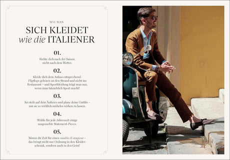 Text mit Tipps, wie man sich wie ein Italiener kleidet, neben einem Mann auf einem Motorroller, der auf einer Treppe sitzt.
