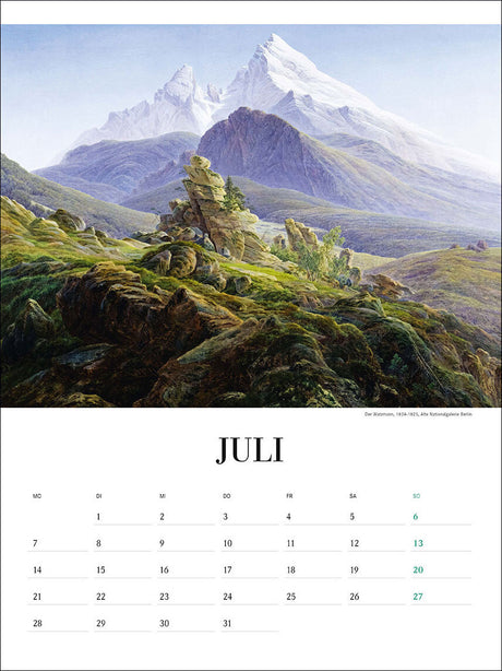 Kalenderblatt für Juli mit Berglandschaft und schneebedeckten Gipfeln im Hintergrund.