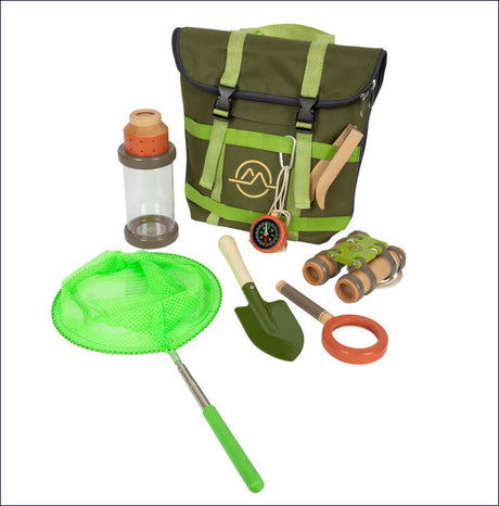 Kinderspielzeug-Set mit Rucksack, Wasserflasche, Schaufel, Sieb, Fernglas, Ring, Holzwerkzeug und Kompass.