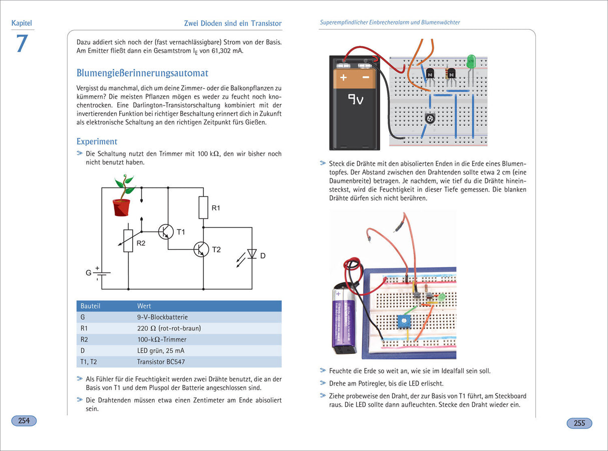 Batterie, Breadboard, Drähte, Transistoren, LED, Widerstände, Schaltplan, und Pflanzen im Topf.