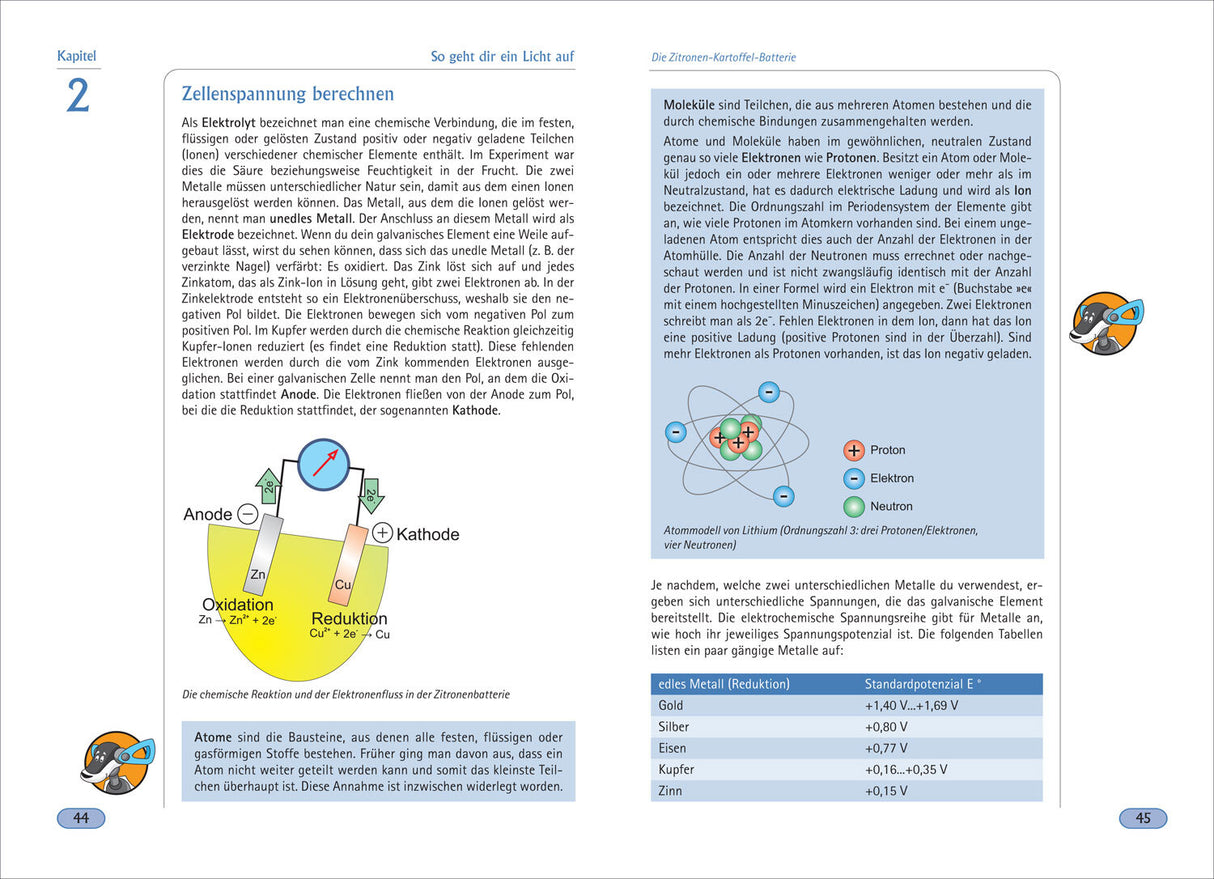 Diagramm eines Atommodells mit Protonen, Neutronen und Elektronen, Beschriftung und chemische Reaktionen in einer Batterie.