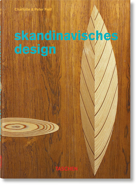 Buchcover mit Holzstruktur, zwei Holzobjekten, blauer Titel "skandinavisches design" und rote "TASCHEN".
