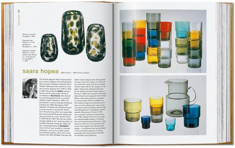 Bilder von bunten Glasvasen, Gläsern und einer Glas Karaffe auf einer Buchseite.